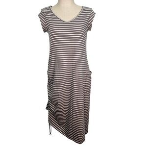 Toad&Co Muse Midi Large Striped V-Neck Cinched Ruched Side Knit Dress Grey White